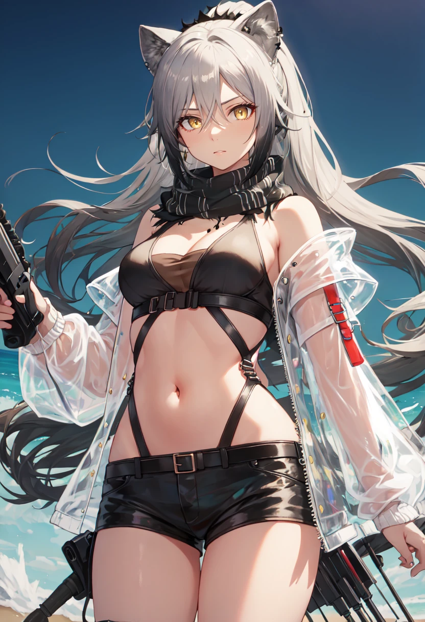 best quality, masterpiece, highres, solo, (schwarz_arknights:1.10), 1girl, black shorts, crop top, long sleeves, midriff, open jacket, short shorts, white jacket, black scarf, crossbow, navel, cleavage, holding weapon, stomach, looking at viewer, thighs, thigh strap, arrow (projectile), cowboy shot, standing, bare shoulders, medium breasts, off shoulder, quiver, see-through, 2 <lora:schwarz_arknights:0.80>