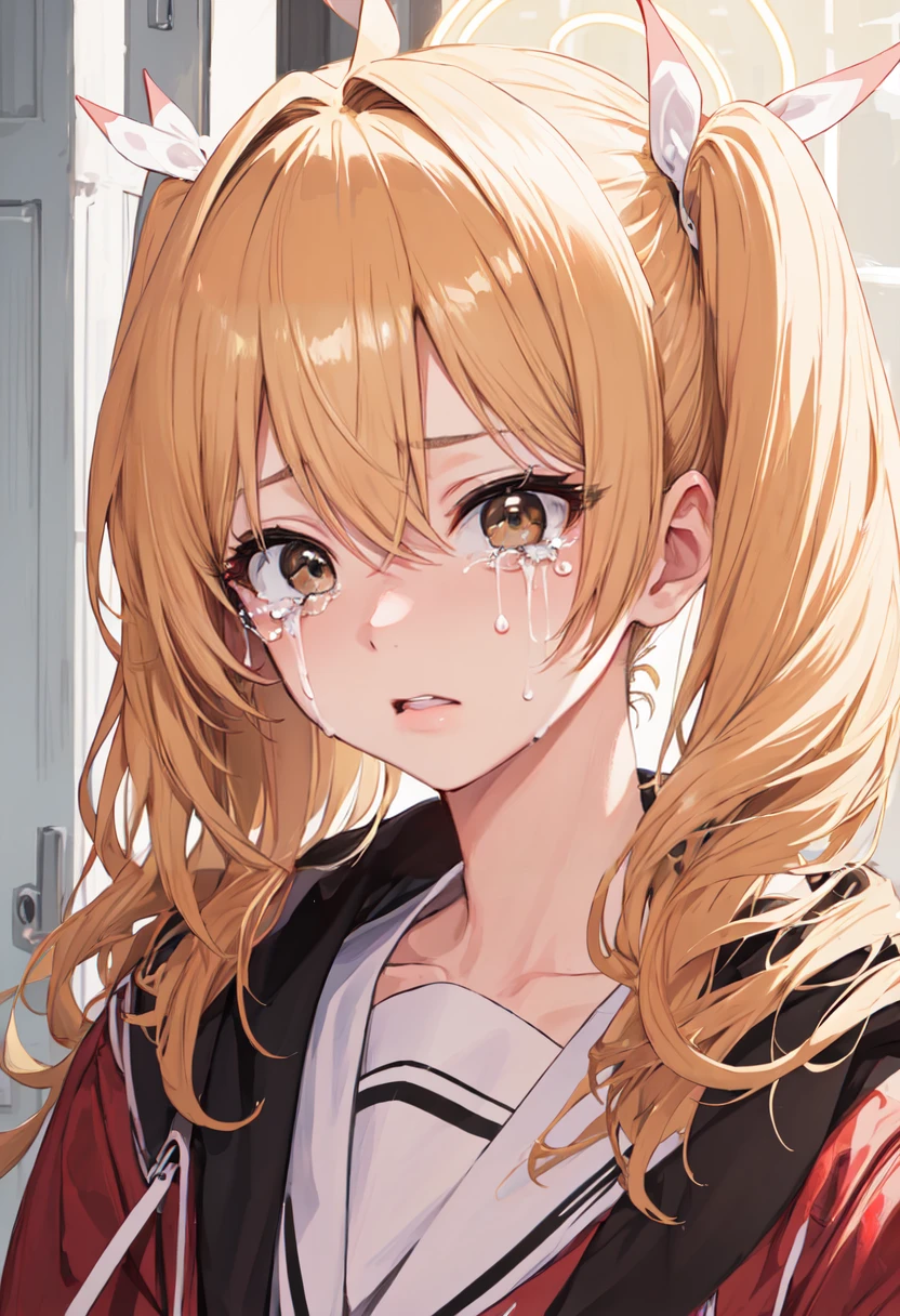 best quality, masterpiece, highres, solo, (yoshimi_bluearchive:1.10), crying, sobbing, tears, portrait, looking at viewer, 38 <lora:yoshimi_bluearchive:0.80>