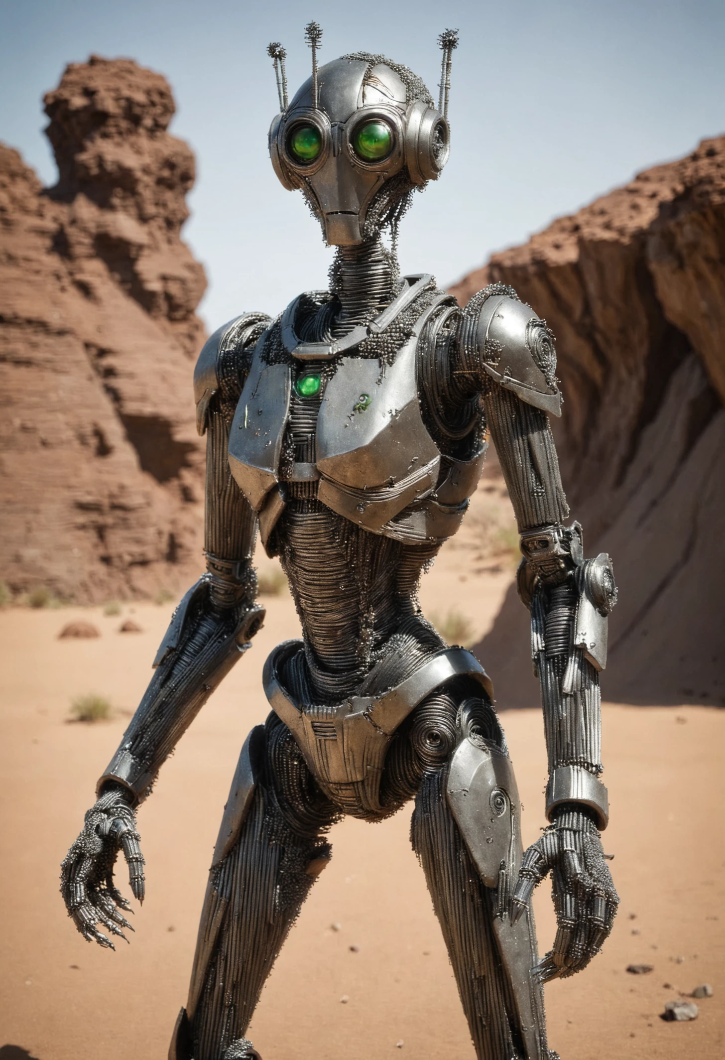 DonM1r0nF1l1ng5XL, iron filings, female d5-mantis patrol droid, , bracers , <lora:DonM1r0nF1l1ng5XL-000006:0.8>