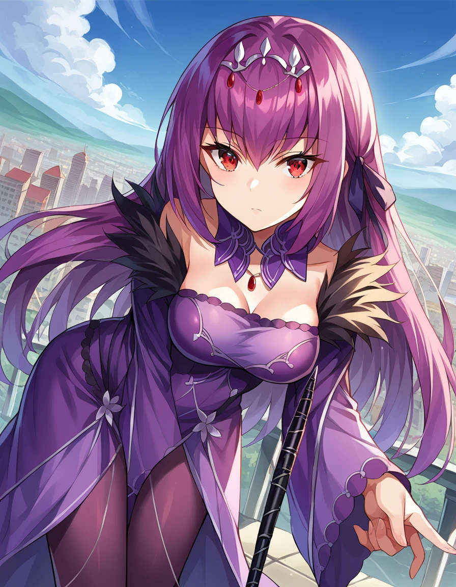 score_9, score_8_up, score_7_up, source_anime,
skadicaster, <lora:skadi-caster-ponyxl-lora-nochekaiser:1>
skadi, long hair, purple hair, red eyes,
dress, fur trim, jewelry, pantyhose, purple dress, red eyes, silver trim, tiara, wand,
outdoors, cityscape, bent over,
looking at viewer, dutch angle, cowboy shot,