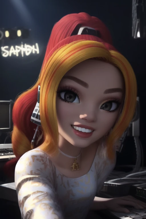 (masterpiece, vibrant colors, super high realism, hyperealistic, high quality, 64k, uhd, extremely detailed, extremely intricate, professional), (highly detailed skin:1.2), ((bright lighting)), Laurel_DeVious, twirled red yellow and orange hair, multicolored maroon hair, solo, smiling, music room, synthesizer in background, speakers in background, looking at viewer, cowboy shot, cinematic composition, dynamic pose