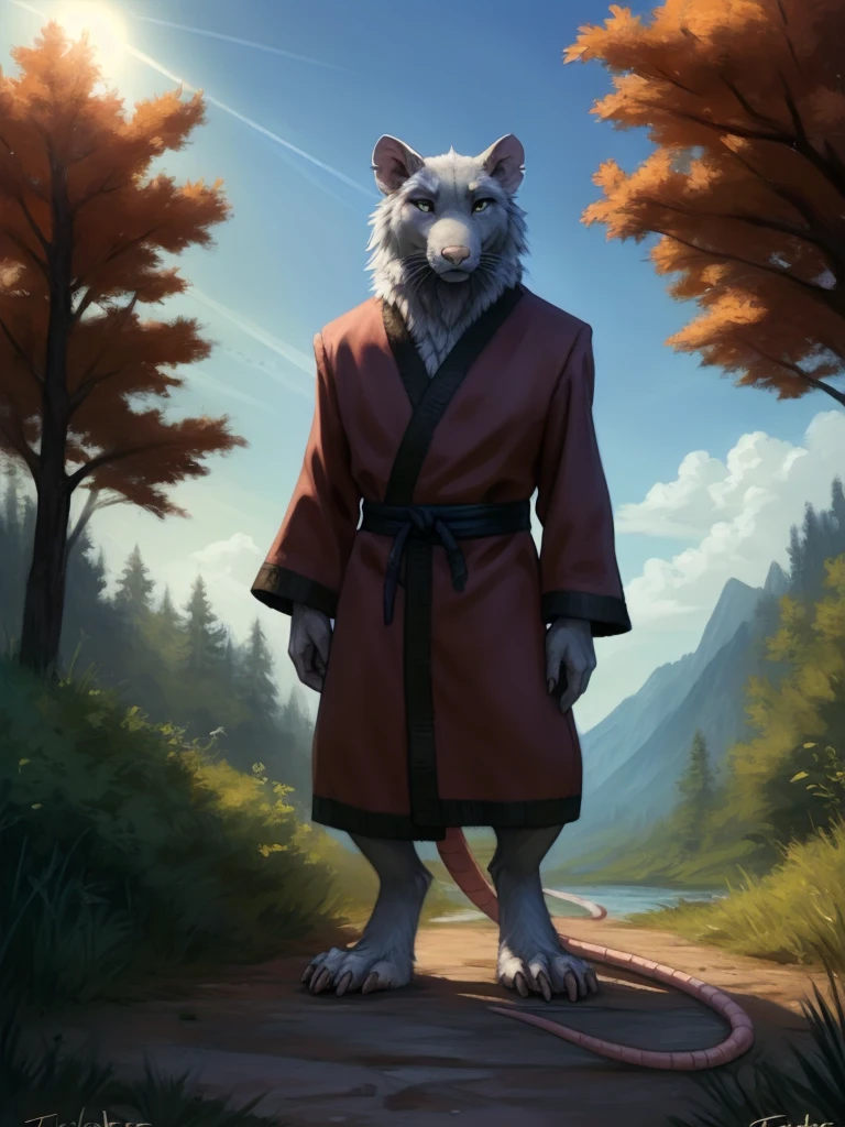  <lora:SplinterHamatoYoshiNGYiFlufrock:1>  SplinterHamatoYoshiNGYiFlufrock, Rat, Red robe, black belt,
solo,  black eyes,   looking at viewer,  standing, full height, (beautiful, aesthetic, perfect, delicate, intricate, masterpiece,)
uploaded on e621, textured fur, furry,  [The sun is shining, nature, forest, river, trees, grass, road, sky with clouds,]
by taran fiddler, by cynicalstarr, by personalami,
