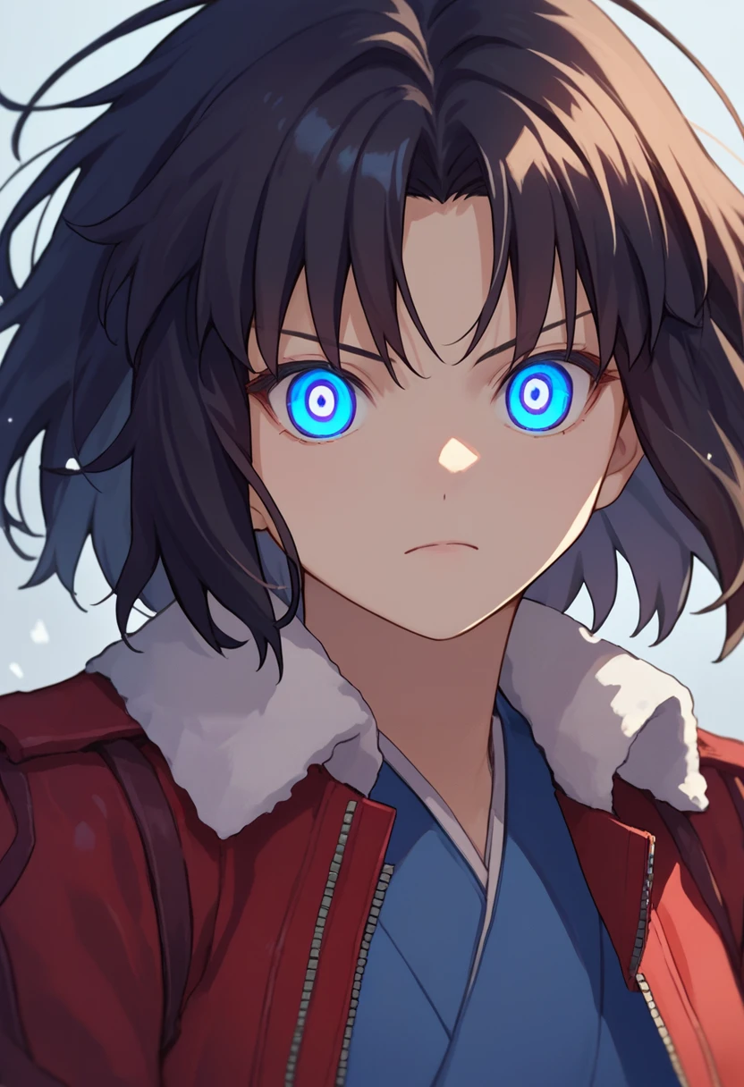 score_9, score_8_up, score_7_up, source_anime, 1girl, ryougi shiki, short hair, black hair, blue eyes, glowing eyes, red leather jacket, blue kimono, fur trim, close-up, <lora:Shiki-000007:1>