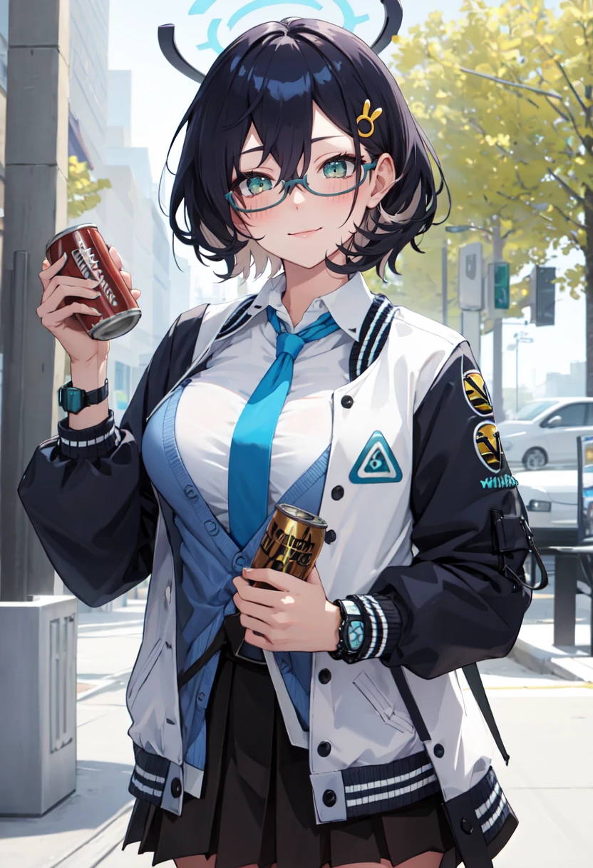 best quality, masterpiece, highres, solo, (chihiro_bluearchive:1.10), 1girl, blue cardigan, blue necktie, long sleeves, blush, closed mouth, collared shirt, looking at viewer, open jacket, two-tone jacket, white shirt, black skirt, canned coffee, holding can, pleated skirt, id card, wristwatch, cowboy shot, drink can, outdoors, smile, 2 <lora:chihiro_bluearchive:0.80>