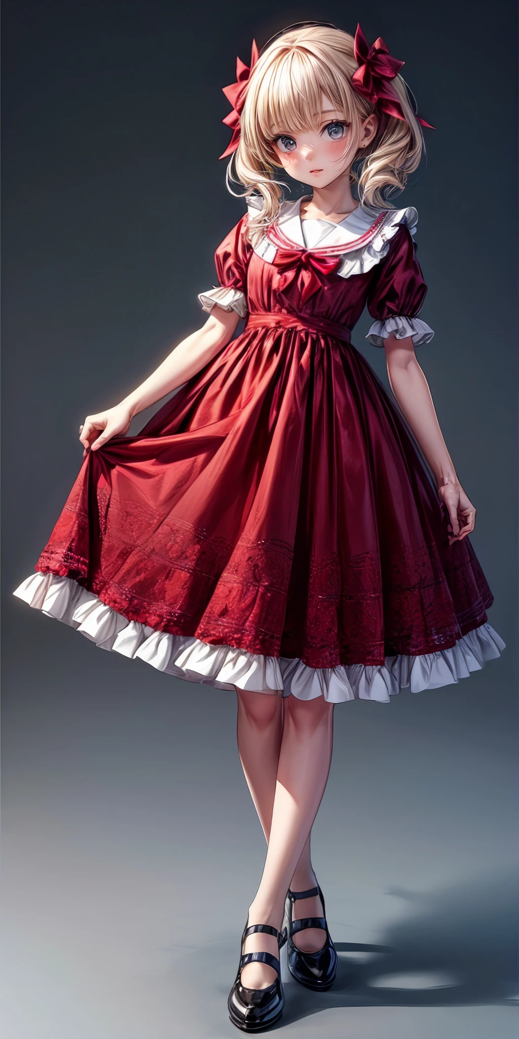 (masterpiece,ultra-detailed,best quality,8K,CG,illustration,shaved:1.0),(1gril:1.0),  <lora:more_details:1> , simple background <lora:jyoji fuku v6:0.4> jyojifuku, dress, frills, ribbon, hair bow,shoes