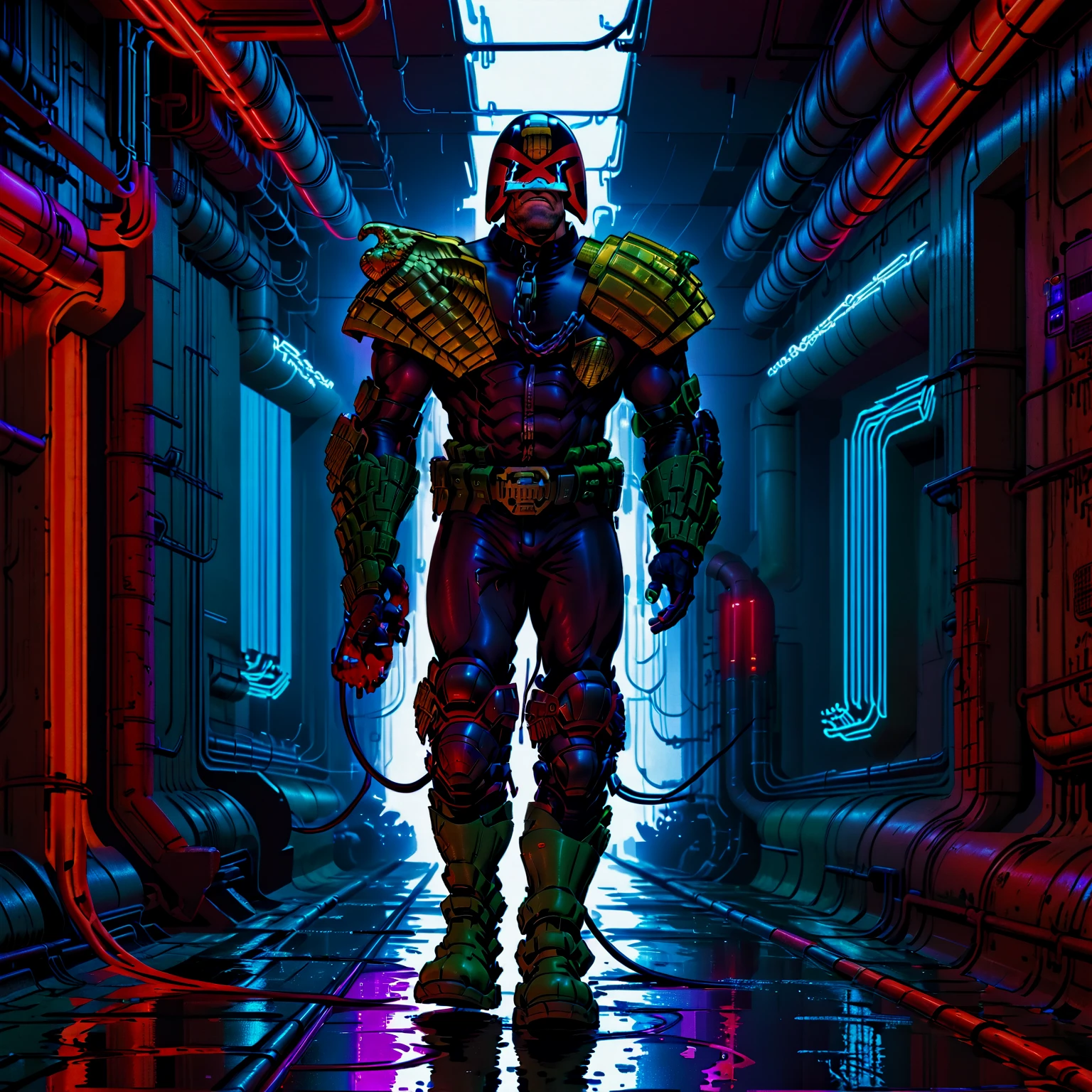 judge dredd walking down dark enclose utility tunnel in armor and uniform wearing a helmet, jdgdrddcom, cyberpunk, neon lights, red and uv light, dripping water, pipes, ducts, cables, filth,