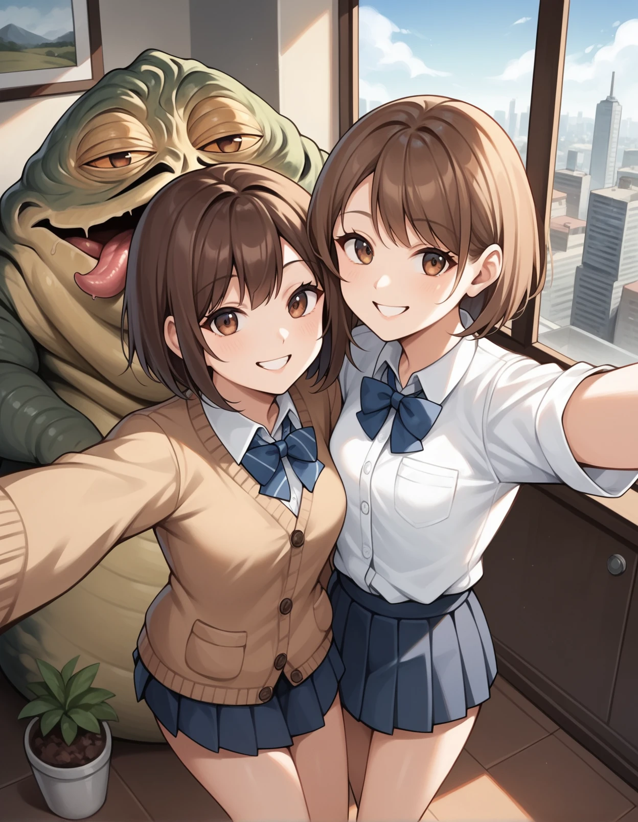 score_9, score_8_up, score_7_up, score_6_up, score_5_up, score_4_up, source_anime, BREAK 2girls, brown hair, short hair, small breasts, brown cardigan, pleated skirt, sleeves past wrists, happy, smile, selfie, facing viewer, looking at viewer, couple, from above, v, <lora:JabbaXL_LoRA-C3Lier_AdamW_Dim8_Alpha8_UN-3e-4_TE-1.5e-4_6batch_ponyDiffusionV6XL_v6StartWithThisOne:1>, jabba the hutt, monster, cafe. potted plant, picture frame, window, cityscape
