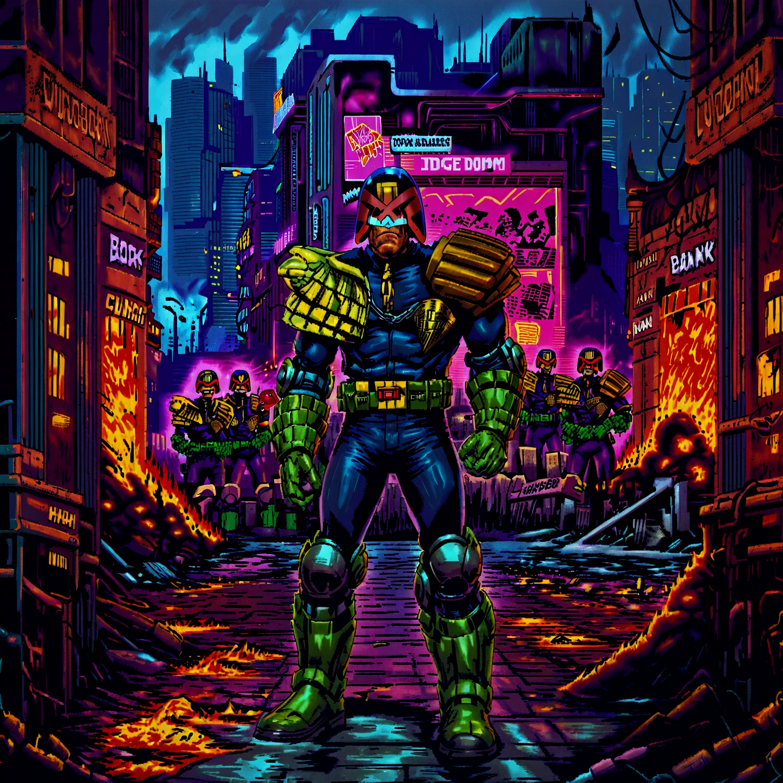 judge dredd scowling at rioting citizens outside a burning bank, in armor and uniform, wearing a helmet, jdgdrddcom, cyberpunk, comic, cityscape, barricades, night, darkness, neon light, riot, signs, fighting, crowds