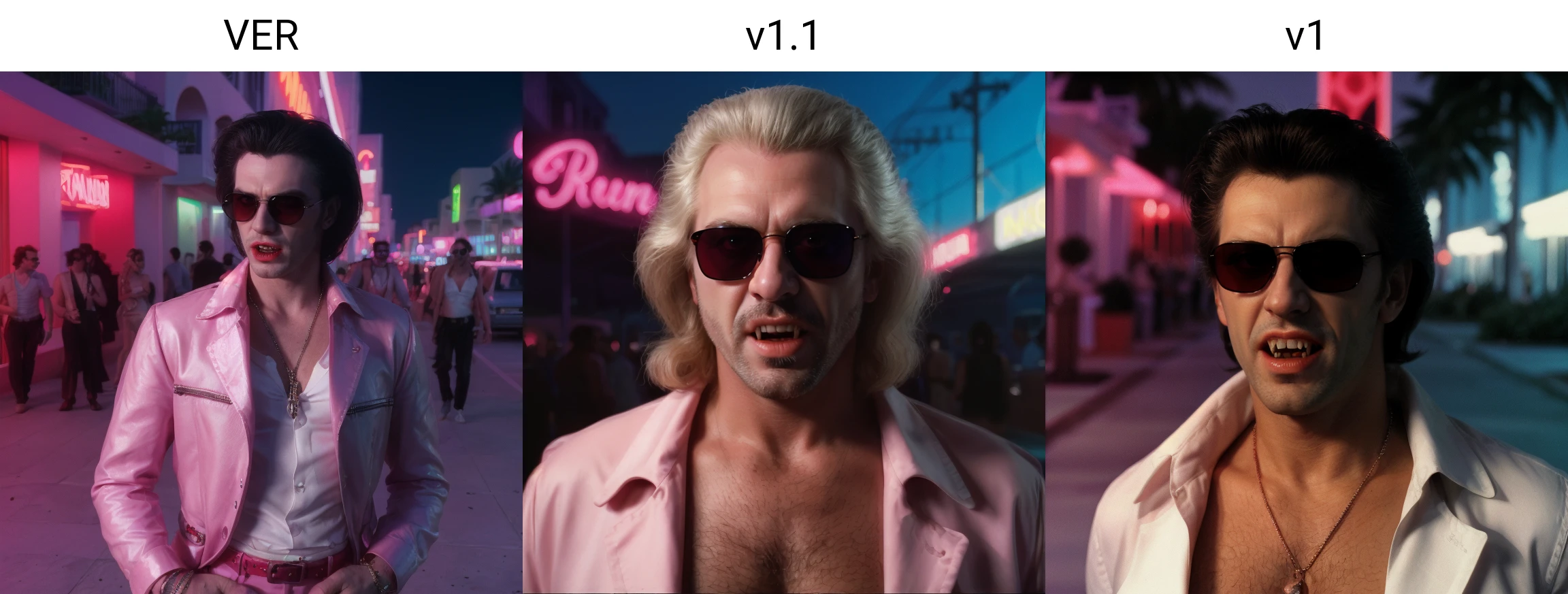 Photorealism, Ron Dracula, vampire, fangs, pale skin, hypnotic eyes, 1980s fashion, sunglasses, Miami Vice inspired, vaporwave color palette, night, outdoors, South Beach, Miami 1984 <lora:LORA-XenoDetailer-v3A:0.3> <lora:VampireFangs_VER:1>