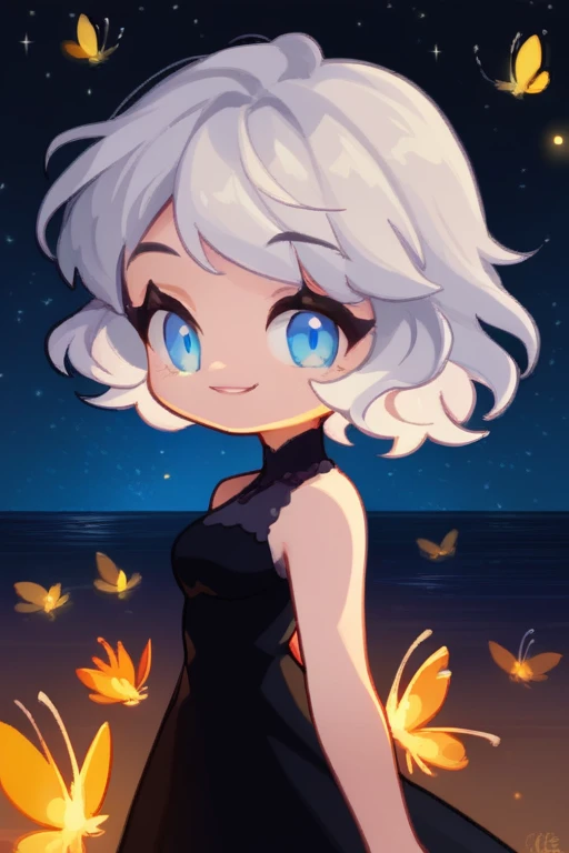 score_9, score_8, 1girl, white hair, short hair, wavy hair, blue eyes, black dress, upper body, from side, looking at viewer, smile, lake, fireflies, night, starry sky, <lora:GTChibiXL640V1:0.7>, chibi