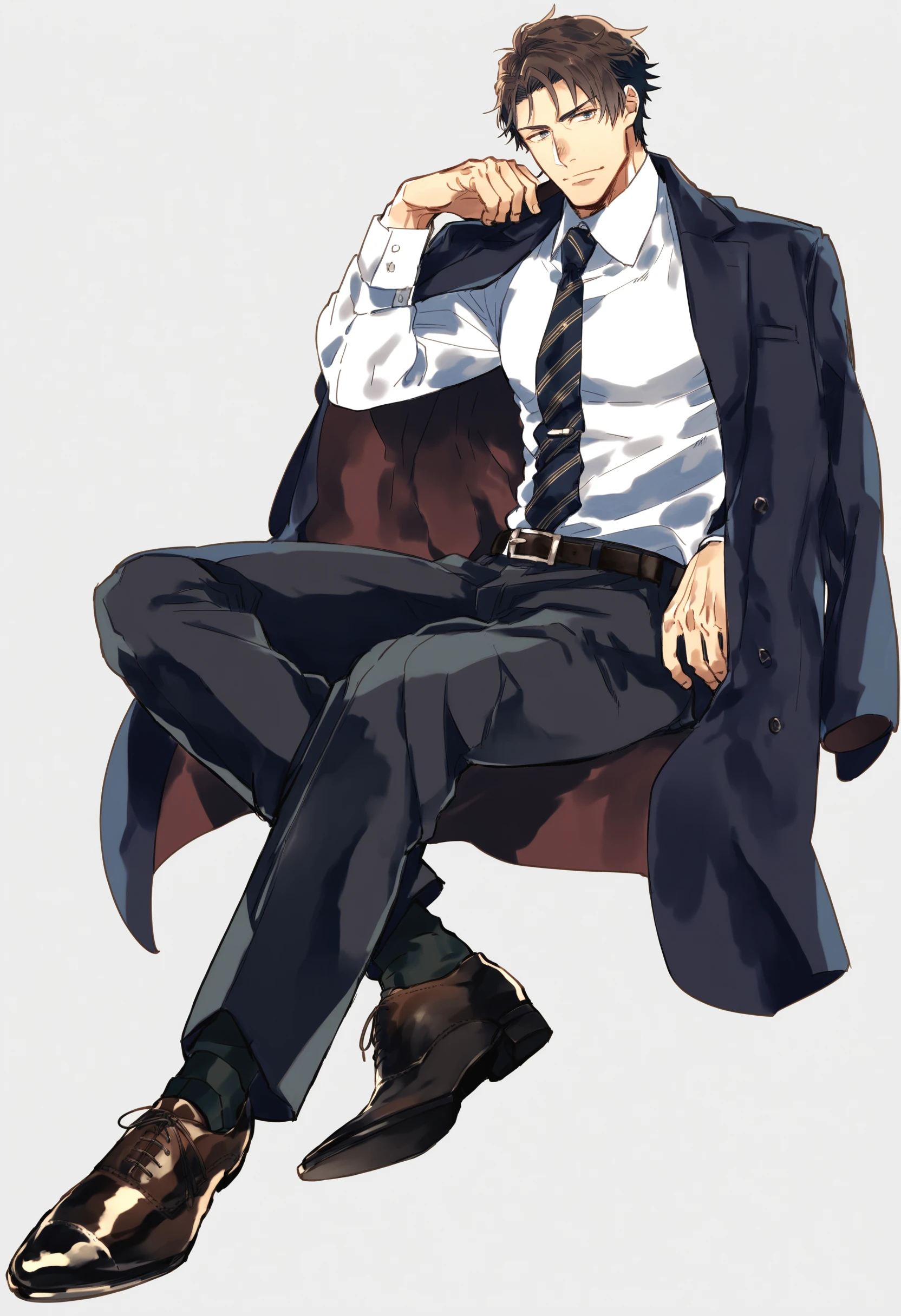 male focus, solo, ikemen, mature, male only, tough man, bold, eyes fix, flat chest, sturdy waist, 50 years old, office worker, collared shirt, tie, three piece suit, coat on shoulders, belt, slacks, leather shoes, tight clothes, whole body, sitting, invisible chair, looking at viewer, (white background, simple background:1.5), masterpiece, best quality, mta <lora:mta_XL_v2.0:1>