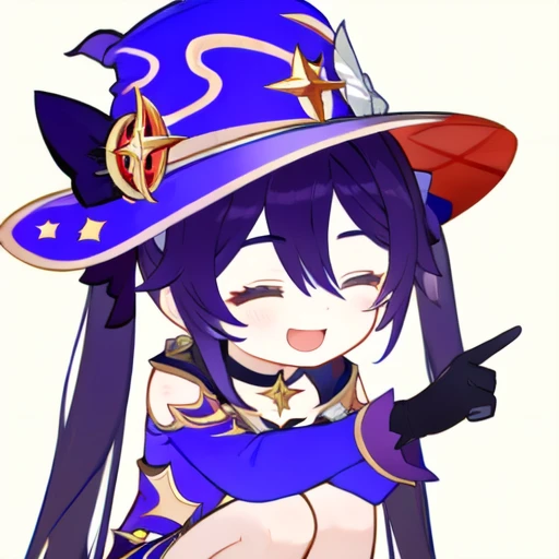 <lora:pointing+squatting:1>,pointing-squatting,smile,closed eyes,open mouth,<lora:Ath_circle-frame:1>,1girl,mona \(genshin impact\),hat,solo,witch hat,twintails,long hair,gloves,chibi,bangs,hair between eyes,sidelocks,black gloves,purple hair,:o,hat ornament,choker,black hair,long sleeves,simple background,parted lips,