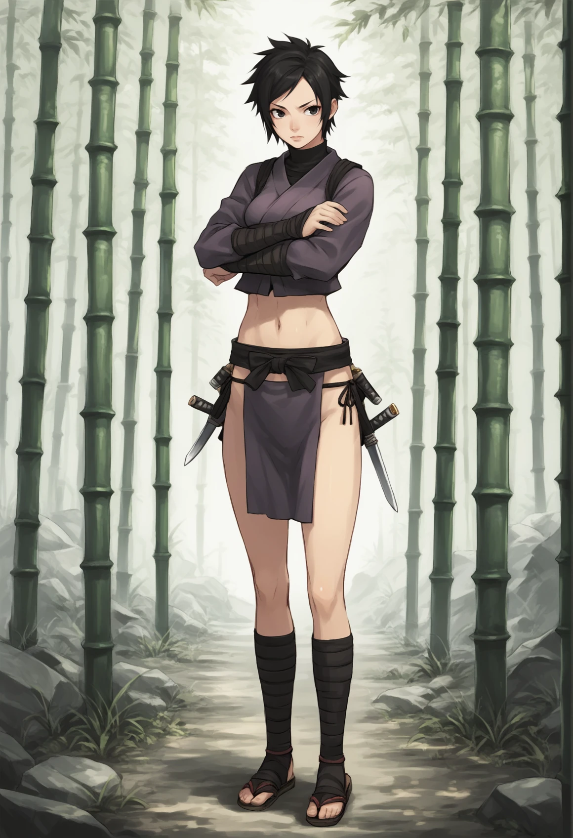 1girl, solo, short hair, black hair, black eyes, ayame5, ninja, japanese clothes, long sleeves, navel, pelvic curtain, socks, sandals, outdoors, bamboo forest, crossed arms, standing, full body, cowboy shot <lora:Ayame_Tenchu:1>, score_9, score_8_up, score_7_up, score_6_up, score_5_up, score_4_up, BREAK source_anime, masterpiece