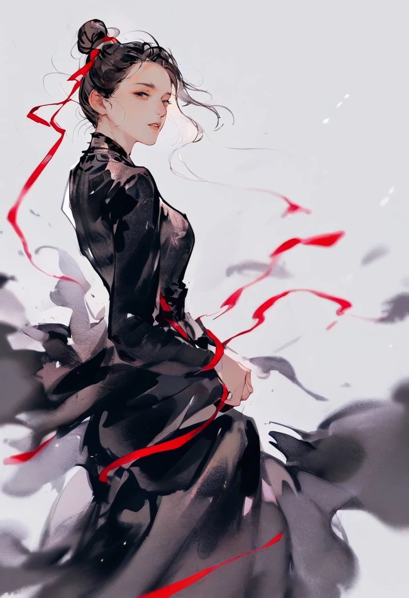 score_9, score_8_up, score_7_up, score_6_up, 1girl, solo, hair bun, single hair bun, black hair, white background, looking at viewer, dress, simple background, parted lips, ribbon, holding, black dress, spot color, long sleeves