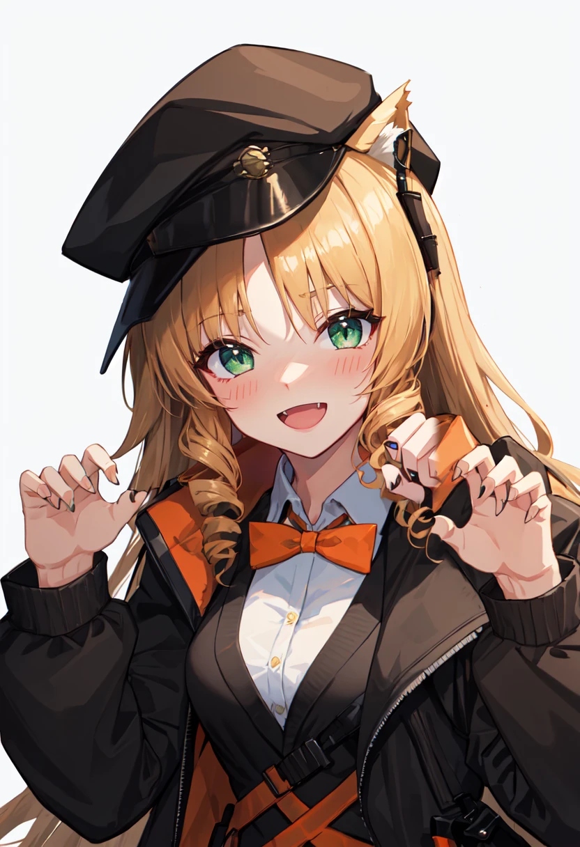 best quality, masterpiece, highres, solo, (swire_arknights:1.10), 1girl, open mouth, upper body, :d, black jacket, collared shirt, looking at viewer, white shirt, long sleeves, blush, simple background, animal ear fluff, claw pose, gao, hands up, white background, open jacket, orange bowtie, 0 <lora:swire_arknights:0.80>