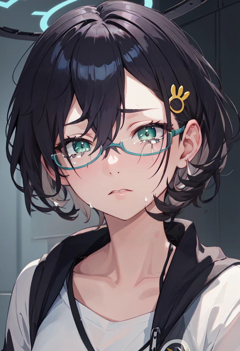 Night, RAW Photography, (((Very Beautiful Portrait))), (Very Beautiful Portrait))), {53 years old, milf, teal and green hair, messy hair, asymmetrical hair, ahoge, very short hair, aqua eyes, medium breasts, pale skin, glasses},Gentle Smile Staring at the Camera(cleavage), ((Masterpiece, Best Quality, Ultra Detail, Cinematic Lights, Intricate Detail, High Definition, 8k, Very Detailed)), Detail Background, 8k UHD, DSLR, soft lighting, high quality, film grain, fujifilm XT3, shallow depth of field, natural light, perfect face