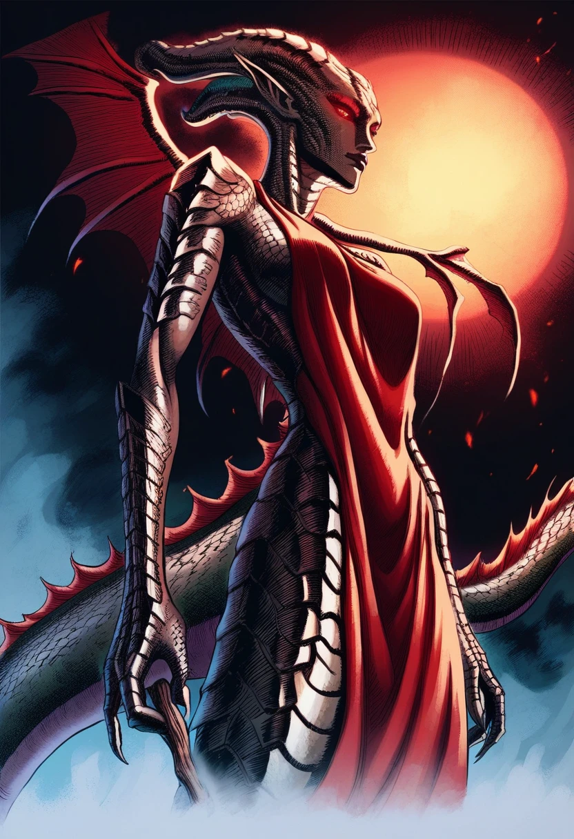 score_9, score_8_up, score_7_up, dragon girl, black scales, red accents, holding daggers, obsidian, standing, solo, dynamic, bare shoulders, (alien, ominous:1.2), sexy_woman, black background <lora:Berserkfun:1> b3rs3rkstyle