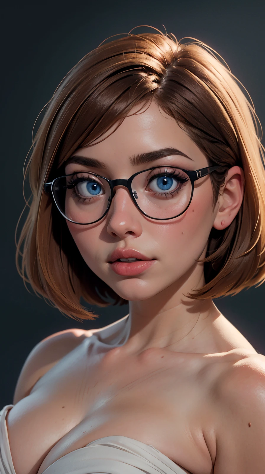<lora:Vanessa_Harris:1> thick framed glasses, chubby, curvy, bbw, light hazelnut hair, bob haircut, blue eyes, full lips, party background,desaturated background,bokeh,dark theme,soothing tones,muted colors,high contrast,(natural skin texture, hyperrealism, soft light, sharp),(close-up shot) artistic photoshoot,(naked shoulders),(cloth hides breasts), sfw,