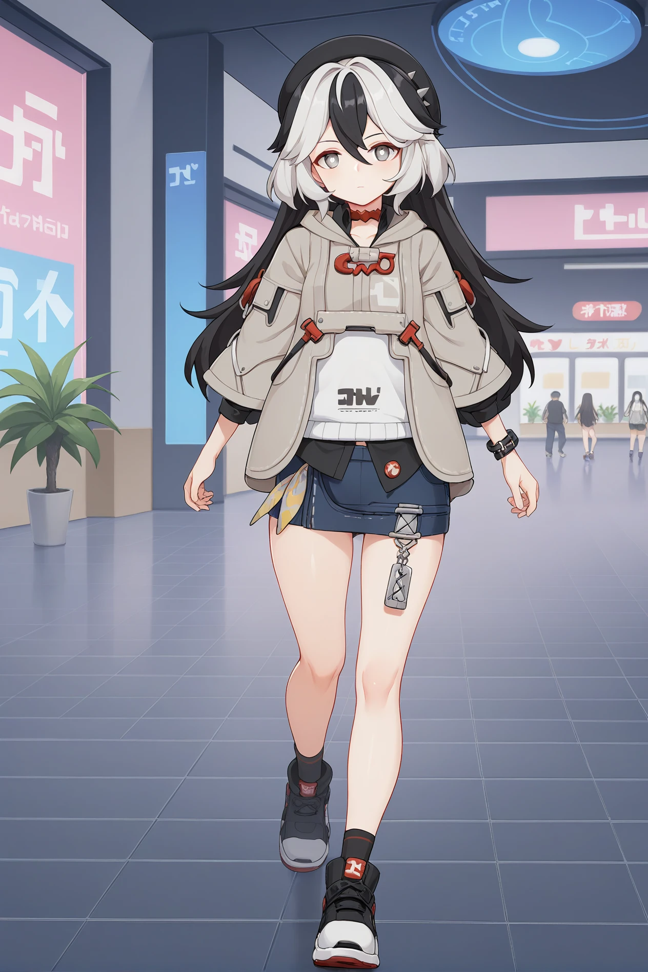 score_9, score_8_up, score_7_up ,score_6_up, 1girl, (petite, small breasts, closed mouth:1.3), solo, hi3 coralie, <lora:CoralieXL_V1-06:0.8>, (jacket, miniskirt, denim skirt, sneaker, beret:1.3), (grey eyes, two tone hair, white hair, black hair, long hair, bright pupils:1.4), (cowboy shot, walking:1.2), night, indoors, mall, lights