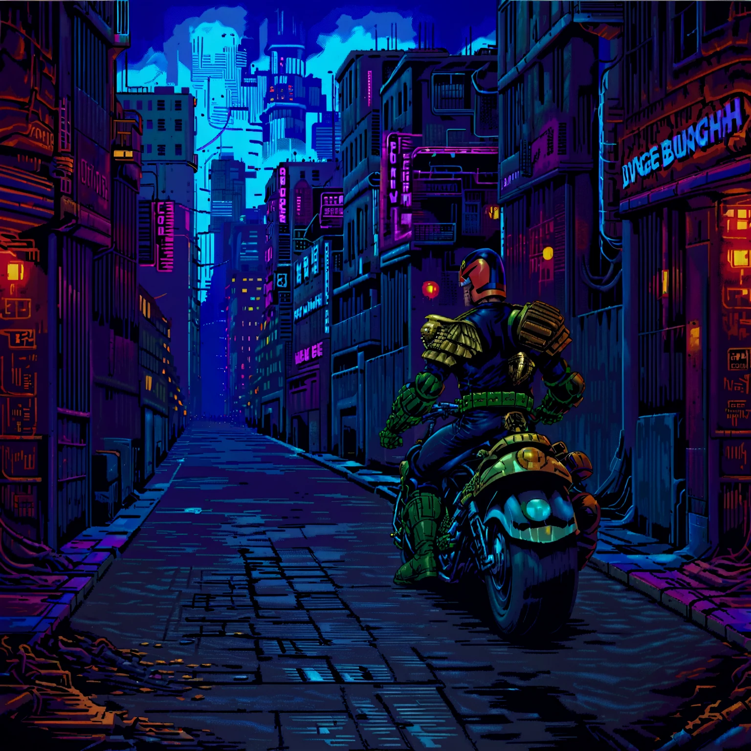 judge dredd riding a motorcycle through the streets of the city, in armor and uniform wearing a helmet, jdgdrddcom, cyberpunk, comic, cityscape, pipes, ducts, cables, filth, barricades, night, darkness, neon light,