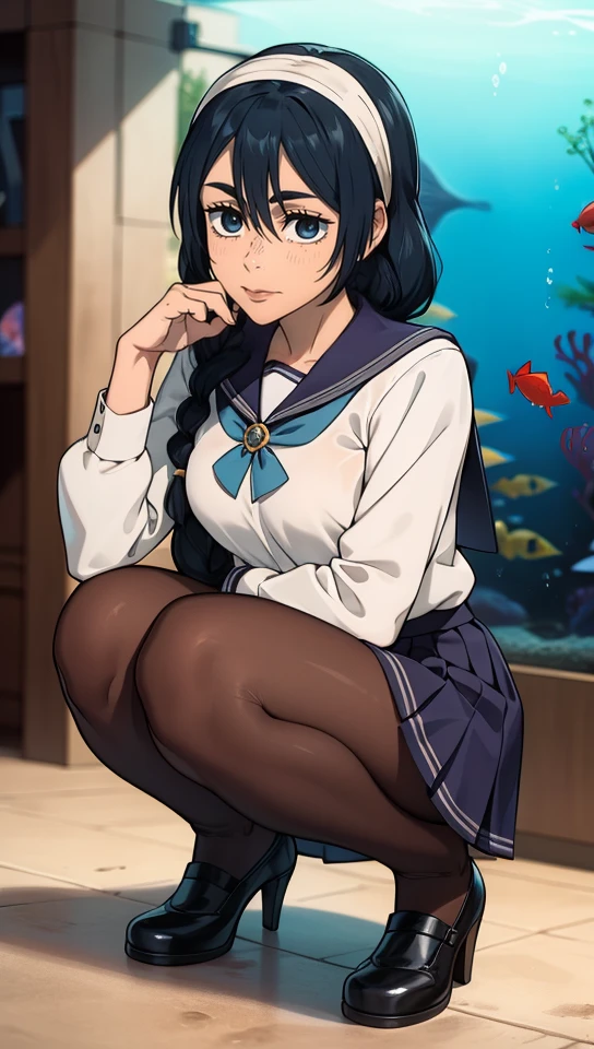 masterpiece, best quality, high resolution, highly detailed, HDR, intricate detail, ultra detailed,
BREAK
 <lora:Riko Amanai:0.6>_black hair_braids_hairband_perfect small breast,
BREAK
pleated skirt, pantyhose, school uniform,hairband, bolo tie
BREAK
(aquarium:1.4)
BREAK
(squatting:1.4)