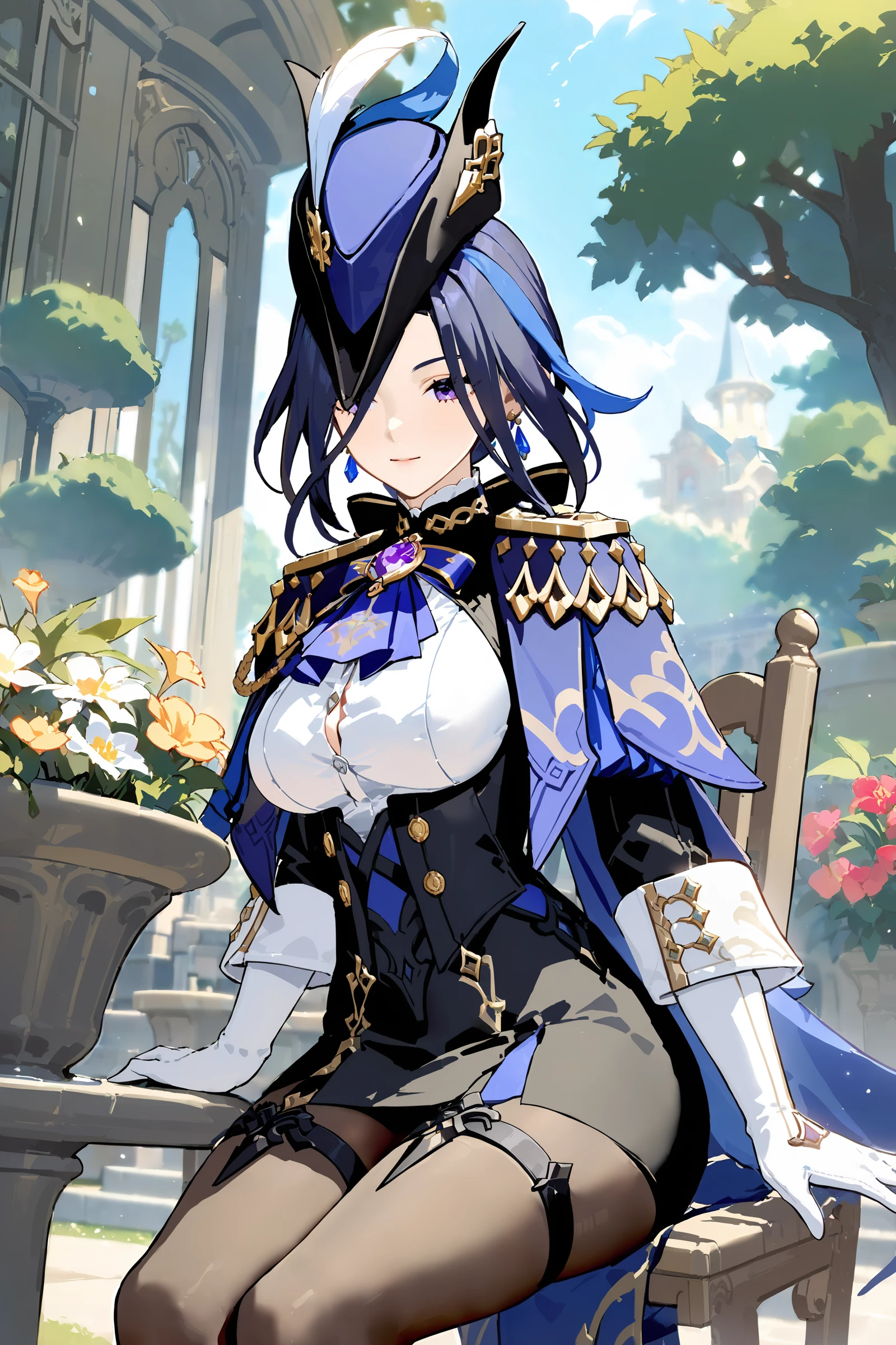 masterpiece, best quality, perfect features, intricate details, ray tracing, newest,(hitenkei, askzy:0.4), 1girl, clorinde \(genshin impact\), tricorne, black pantyhose, earrings, blue cape, white gloves, pencil skirt, white shirt, thigh strap, underbust, ascot, black jacket, light smile, garden, outdoors, depth of field, upper body, sitting, chair, flower, tree <lora:quality1:0:hr=1>, <lora:Char-Genshin-Clorinde-XL-V1:0.9>