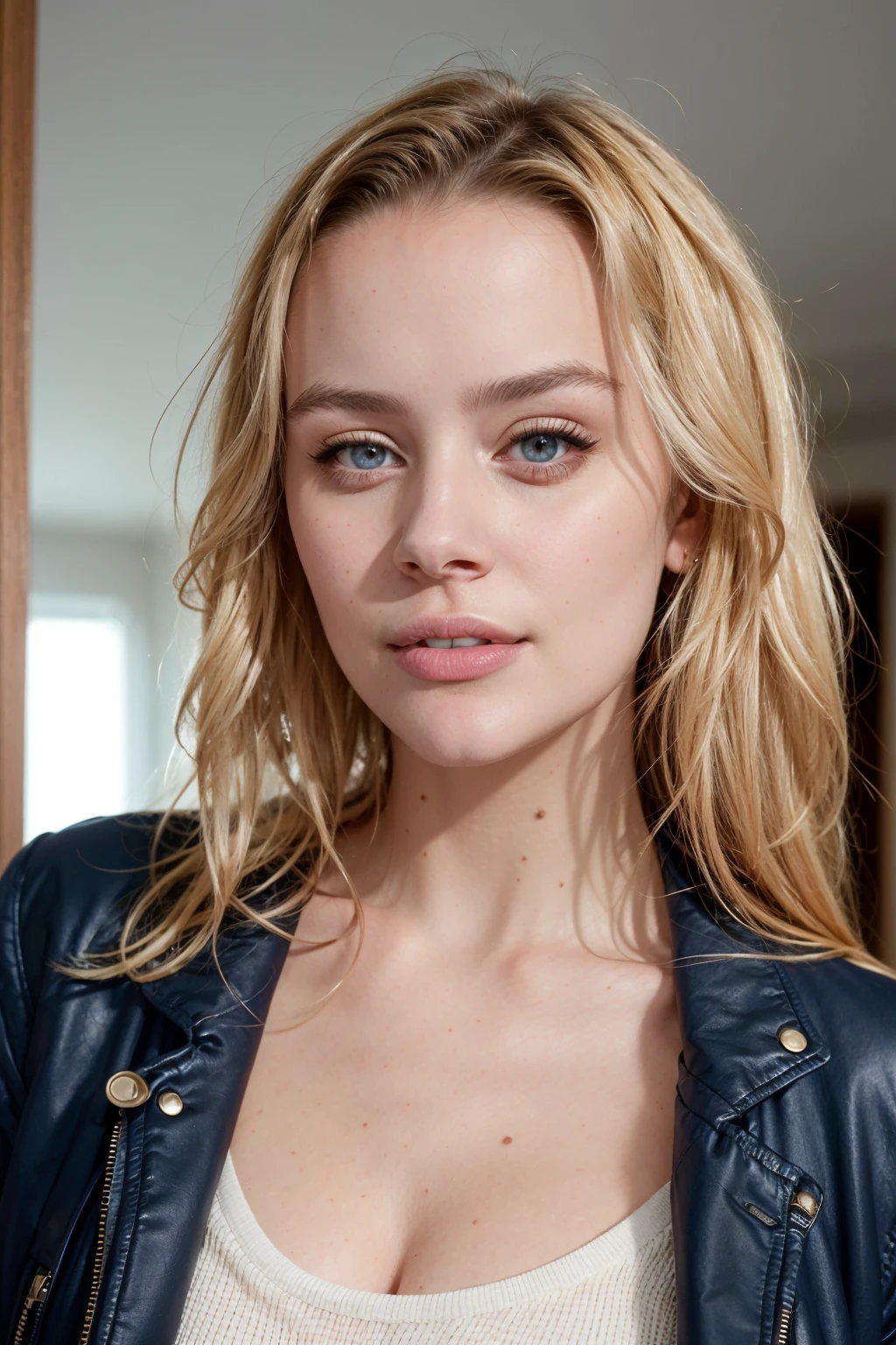 A photograph of (1girl, 25 years old), <lora:ZH_HMattsson_v1:1>, zh_hmattsson, solo, realistic, looking at viewer, blonde hair, blue eyes, seductive smile, dress, jacket