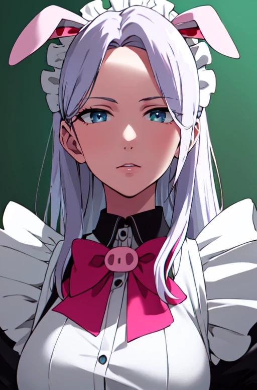 Hyperrealistic art masterpiece, highres, best quality, absurdres,   <lora:ZoyaR4:0.7>, ZoyaR4, 1girl, silver hair, blue eyes,solo,  maid, bowtie, pink pig ears,simple background, green background,  . Extremely high-resolution details, photographic, realism pushed to extreme, fine texture, incredibly lifelike