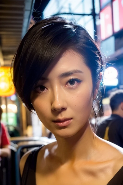 Best quality,masterpiece,ultra high res,(photorealistic:1.2),1girl,in the dark,deep shadow,low key,slim body,undone hair,off shoulder,japanese street alley,dynamic pose,face closeup,<lora:lunmei_guey:1>,