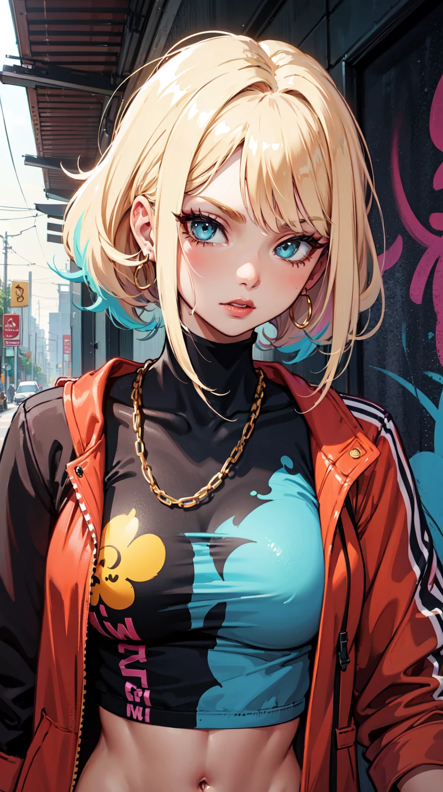 anime artwork upper body portrait, raw essence of a street style icon, drenched in rebellious energy, wearing oversized flannel shirt, wearing gold chains, iced out, stylish, bossy attitude, vibrant graffiti as backdrop, edgy fashion, sense, confident gaze, colorful hair, light beams streaming through haze . anime style, key visual, vibrant, studio anime, highly detailed