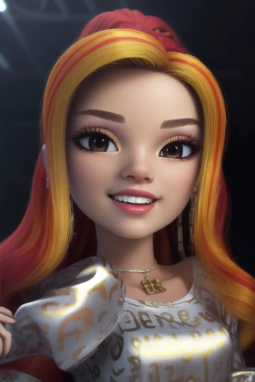 (masterpiece, vibrant colors, super high realism, hyperealistic, high quality, 64k, uhd, extremely detailed, extremely intricate, professional), (highly detailed skin:1.2), ((bright lighting)), Laurel_DeVious, twirled red yellow and orange hair, multicolored maroon hair, alternate clothing, solo, smiling, harbor, metropolitan city in background, looking at viewer, cowboy shot, cinematic composition, dynamic pose