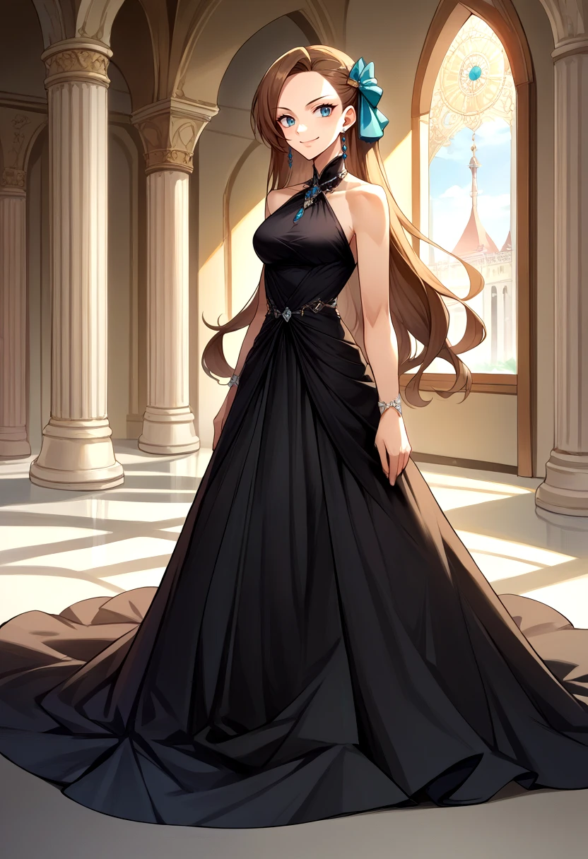 score_9, score_8_up, source_anime, 1girl, solo, KatarinaClaes, long hair, asymmetrical bangs, hair bow, elegant, long dress, black dress, halterneck, smile, indoors, palace, jewelry, standing, <lora:CHAR-KatarinaClaesPonyXL:1>