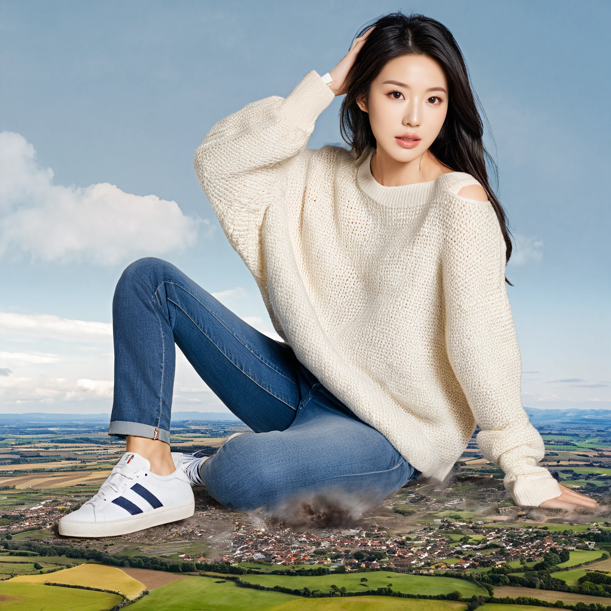 Asian, mega giantess, giga giantess, blue sky, clouds, countryside, sweater, jeans, sneakers, town, buildings, smoke, debris, flying debris, sitting, city destruction <lora:gtsXL7:0.8>