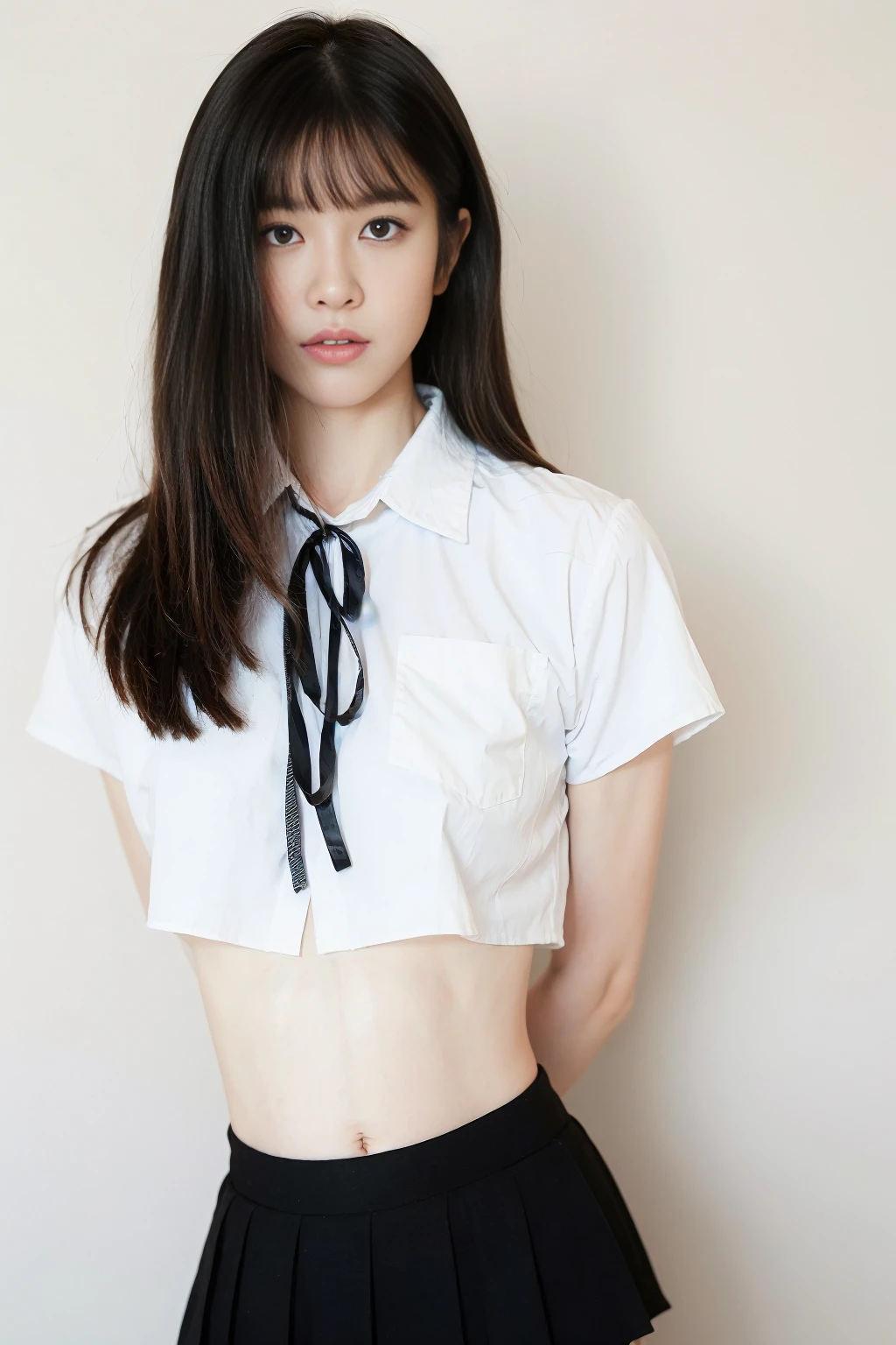 <lora:qingquxueshengfu:0.8>,1girl,solo,skirt,shirt,white background,white shirt,simple background,looking at viewer,black hair,black skirt,neck ribbon,midriff,arms behind back,short sleeves,school uniform,thighhighs,ribbon,crop top,pleated skirt,long hair,black ribbon,bangs,collared shirt,black eyes,standing,kneehighs,realistic,, best quality, masterpiece, (realistic, photo-realistic:1.37),ultra high res,highres,, illustration. media, delicate,8k wallpaper,soft light,official art,professional lighting, photon mapping, radiosity, physically-based rendering,1girl,