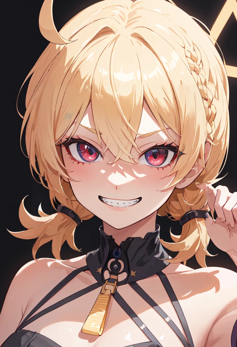 (Best quality:1.3), blonde ponytail, large breasts, white bra, jewelry, necklace, earrings, glowing eyes, (close shot, blushing:1), smiling