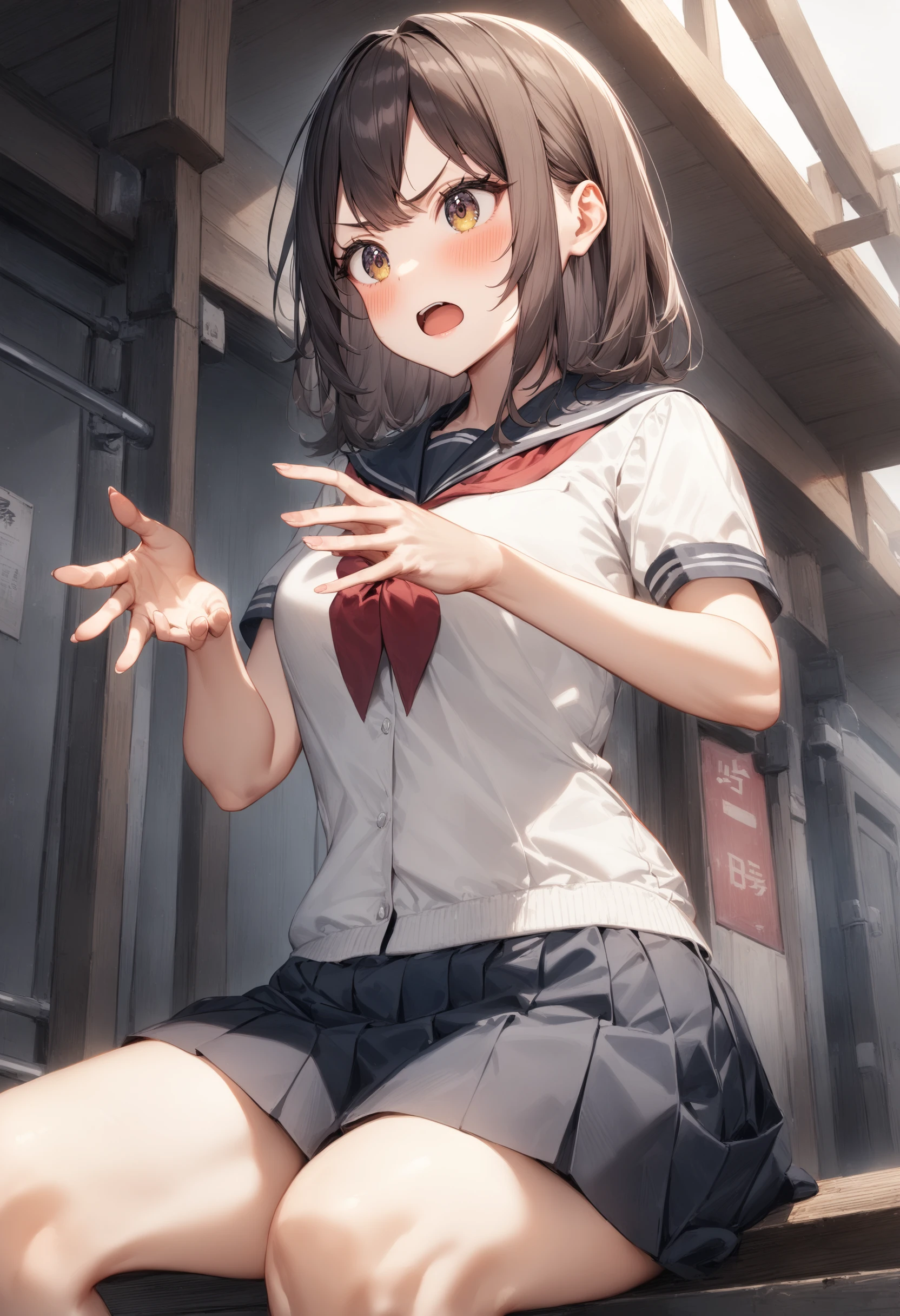 realistically, glowing eyes, white short skirt, extra short skirt, Blush, daytime, Wet from the rain, see through, sleeveless shirt, nipples, pussy, crotch, shy, Lie down on your knees., windy, misaka mikoto, the skirt is turned up, tired, highest quality, High resolution, highly detailed face, perfect lighting, Very detailed CG, perfect hands, perfect anatomy, Hand open skirt, seduce expression, used condom, semen drip from pussy, bottomless,