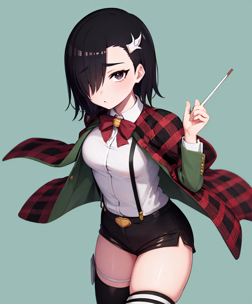 burn_the_witch_clothes,MaristheDarkWitch,1girl,black eyes,hair over one eye,black headwear,medium breasts,short hair,black hair,looking at viewer,thighhighs,long sleeves,thighs,shorts,striped,collared shirt,thigh strap,suspenders,single thighhigh,solo,<lora:burn_the_witch_clothes-03:1>,<lora:MaristheDarkWitch:0.8>,