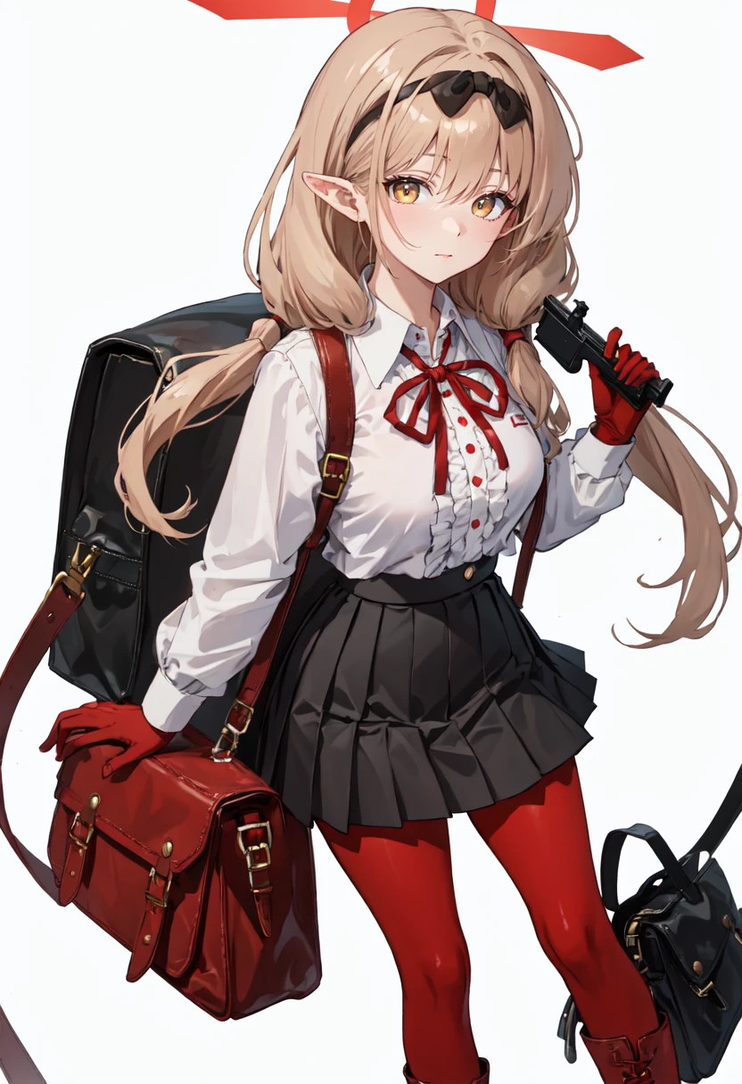 best quality, masterpiece, highres, solo, (chinatsu_bluearchive:1.10), 1girl, armband, bag, holding gun, pleated skirt, red gloves, red pantyhose, ribbon, white shirt, black skirt, looking at viewer, boots, long sleeves, simple background, white background, collared shirt, full body, low twintails, closed mouth, 13 <lora:chinatsu_bluearchive:0.80>