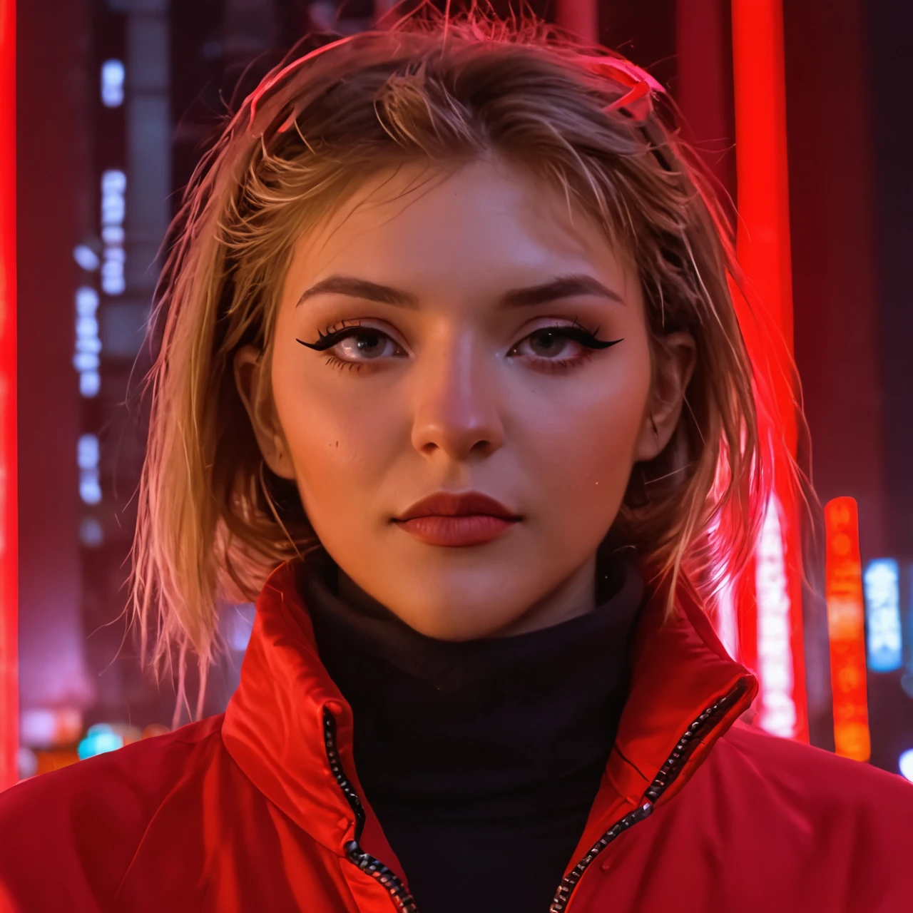 ann13qu33n <lora:ann13qu33n_prodigy_sxdl_v1:1> portrait, cyberpunk background, neon lights, night, oversized jacket, edgerunners, 2077, turtleneck, red pants, medium close-up