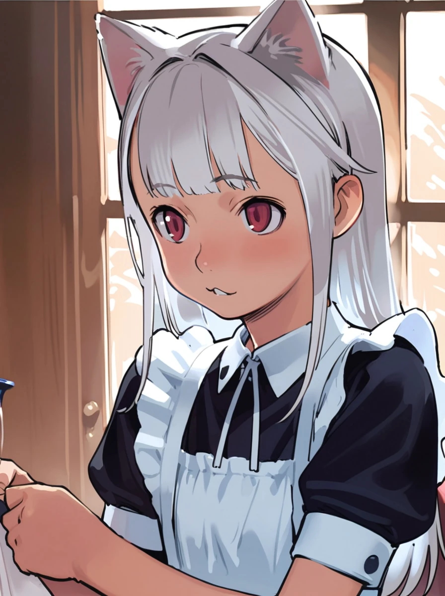 masterpiece, best quality, <lora:comiclo-xl-a3.1:1>,1girl,white hair,long hair,bangs,cat ears, red eyes,maid,sidelocks, 3