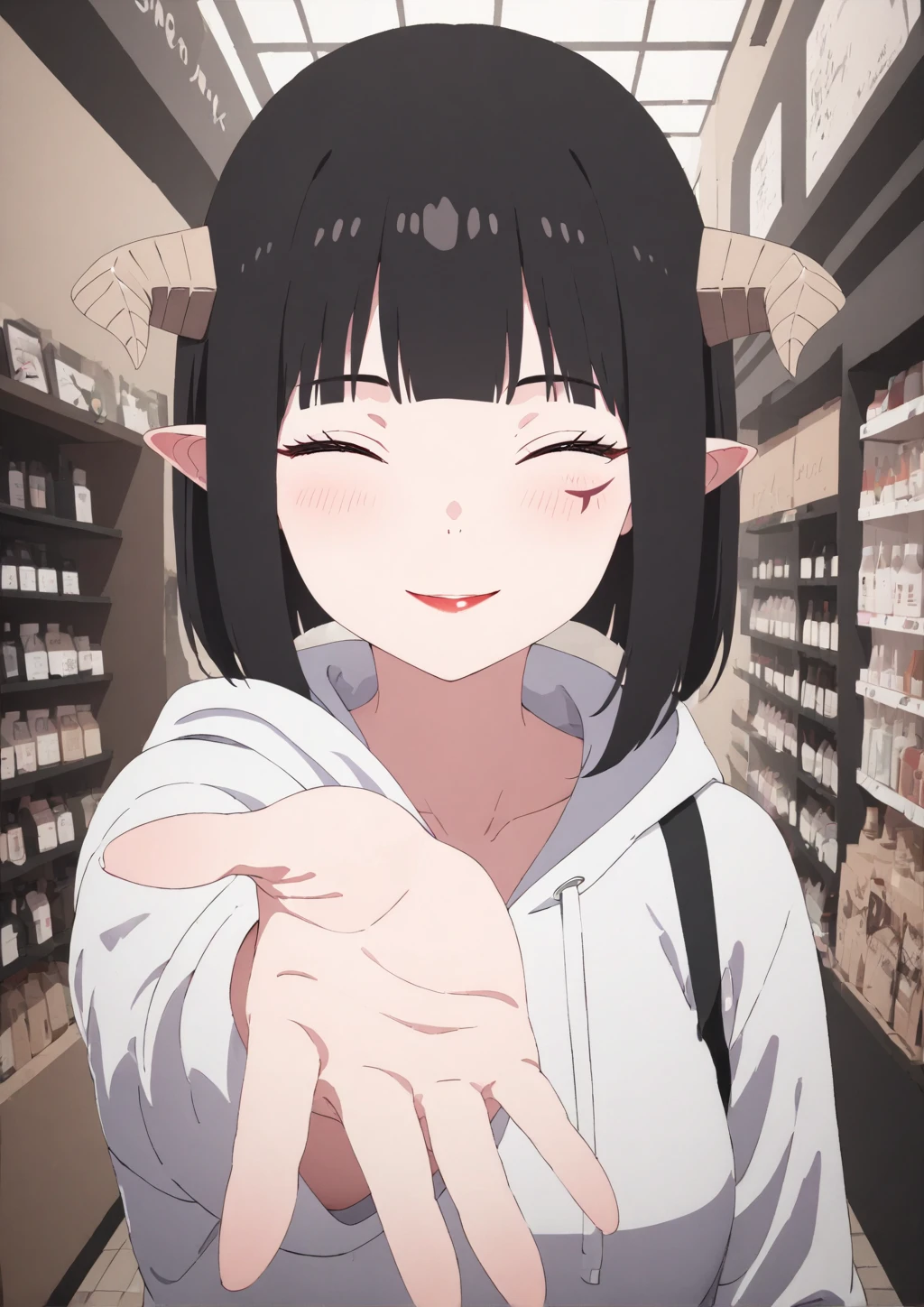 (masterpiece, ultra-detailed,hi-res,8K), 1girl ,indoor,look at viewer, <lora:SDXL_Torcher_Torture_v1-000012:0.8>TorcherTorture, upper body,shopping street,smile,close eyes,reach out hand,face mark,black hair,hoodie