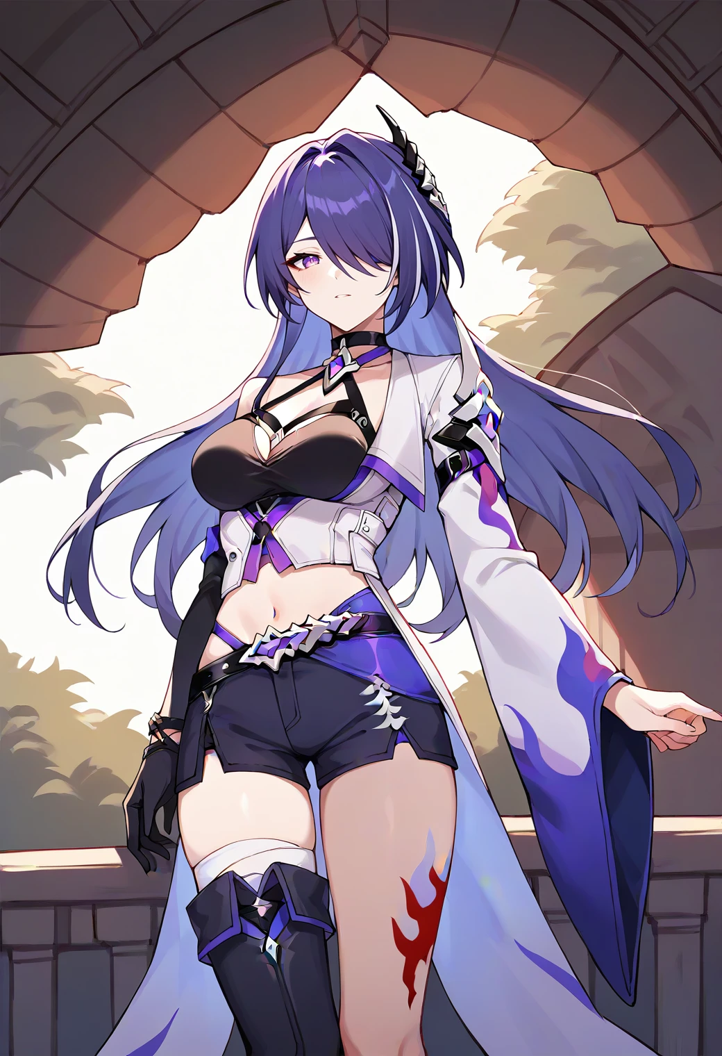 score_9,score_8_up,score_7_up,score_6_up,score_5_up,score_4_up, 
1girl, acheron \(honkai: star rail\), long hair, purple hair, purple eyes, hair over one eye, halterneck, crop top, elbow gloves, gloves, shorts, belt, hair ornament, leg tattoo, asymmetrical legwear, medium breasts, thigh boots, choker, wide sleeves, 
cowboy shot, outdoors, solo, straight-on, looking at viewer,
<lora:acheronponyxl1:1>