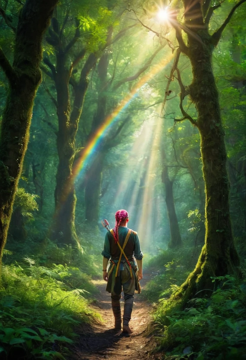 Within the ancient forest where the trees whisper secrets of centuries past Sean O'Malley strides with purpose his rainbow braids entwined with leaves and twigs Shafts of sunlight pierce through the dense canopy illuminating his path as he ventures deeper into the heart of the enchanted woods <lora:Sean O'Malley UFC fighter:1>