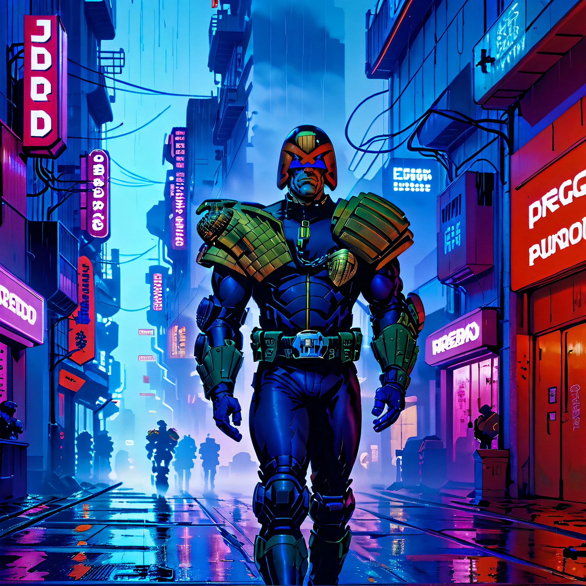 judge dredd walking down a city street in armor and uniform wearing a helmet, jdgdrddcom, cyberpunk city, neon lights, red and uv light, rain, fog, filth,