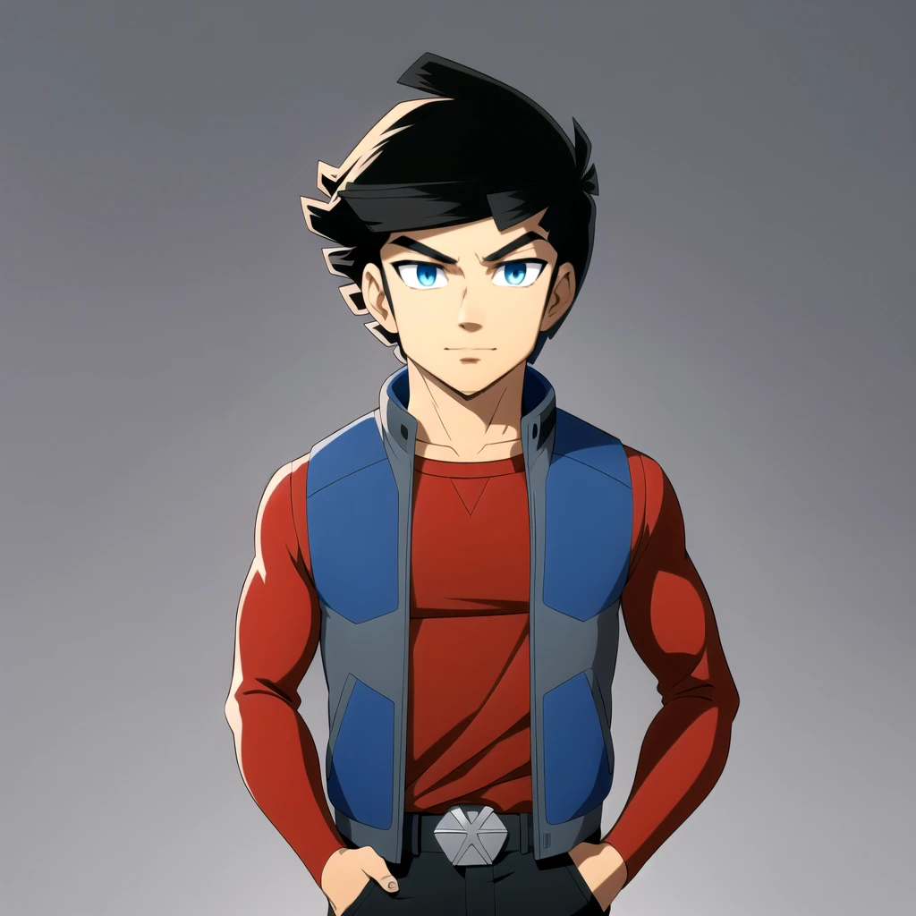 solo, 1boy, Ky Stax,  blue eyes, black hair,  vest, red shirt, long sleeves,  <lora:Ky_Stax_Redakai_Leaf2:0.8>, portrait, looking at viewer, simple background, hands in pockets,