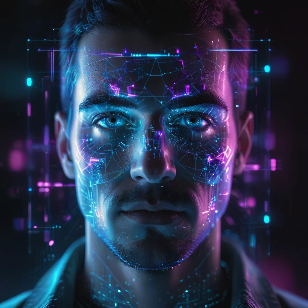 <lora:holoportraitv1:0.6> hlpr, (hologram of a man made of light:1.2), looking at the camera, hologram, futuristic, lights, holographic, holo, cyberpunk, cyan, magenta, luminescent, opalesce, UI, particles, nodes, user interface background, best quality, artistic,