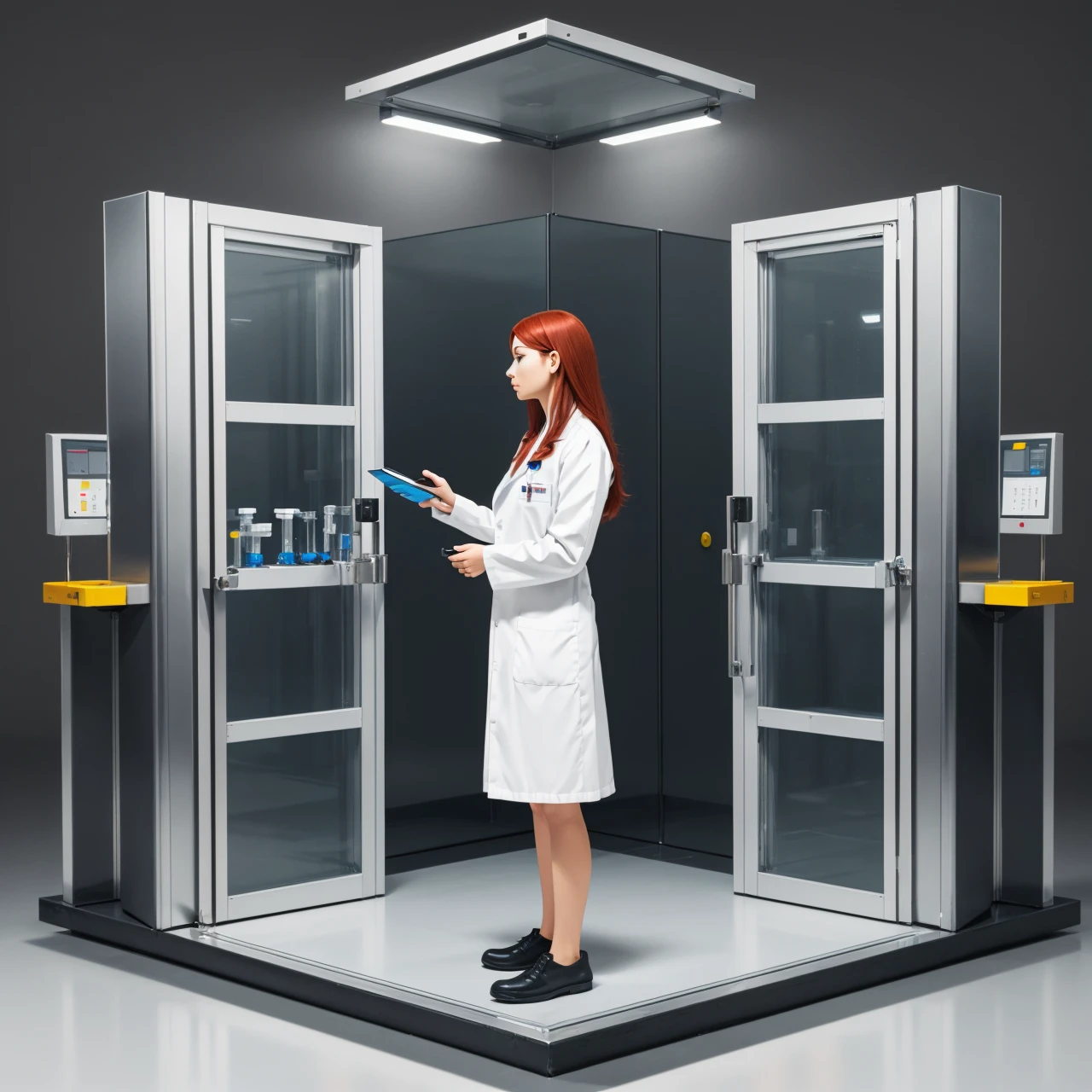 hexagonal composition, woman, from side, long red hair, lab coat, metal floor, metal door, scientific equipment, screens, simple background <lora:hexagon_composition_03:0.6>