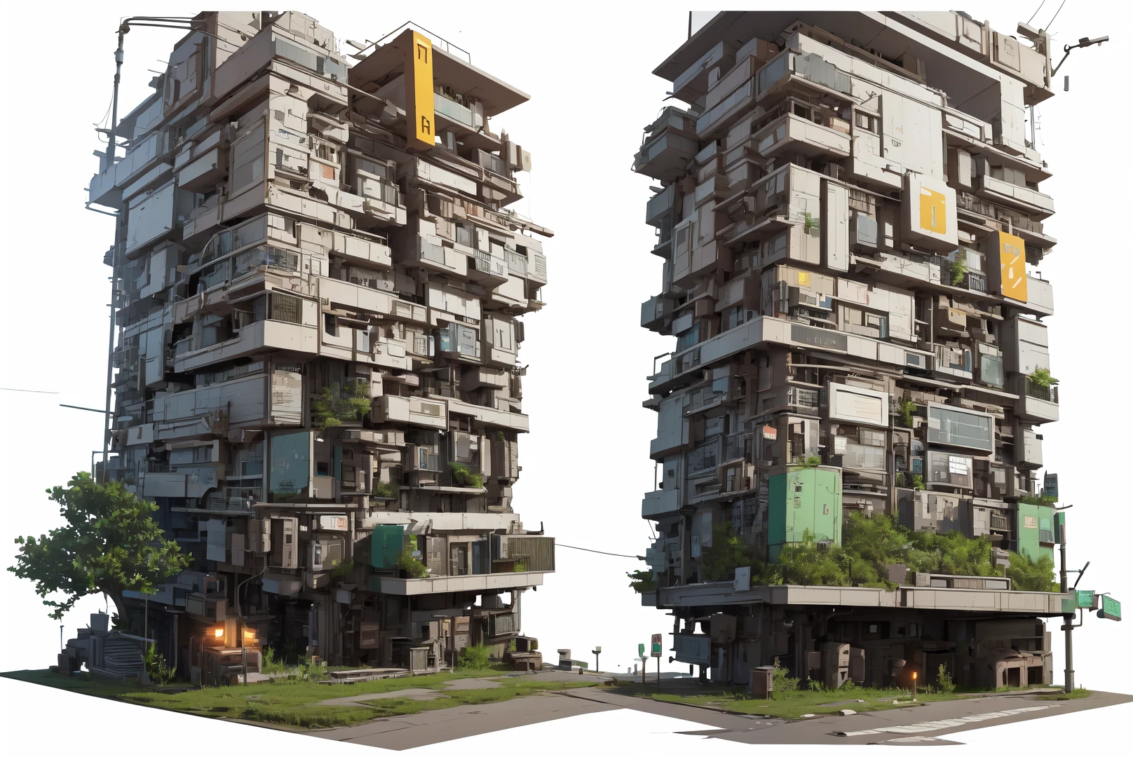 <lora:BuildingConceptSheet:1>,info reference sheet, info reference sheet outdoors,tree,no humans,plant,ground vehicle,building,scenery,stairs,sign,road,lamppost