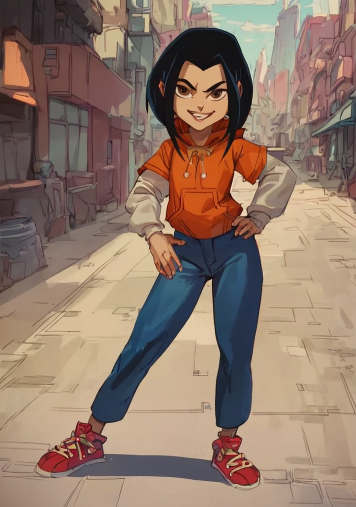 jadechan, black hair, solo, brown eyes, 1girl, hoodie, long sleeves, pants,sneakers, looking at viewer, smile, outdoors, standing,hand on own hip,  score_9, score_8_up, score_7_up, <lora:Jadepony2:1>  zPDXLxxx