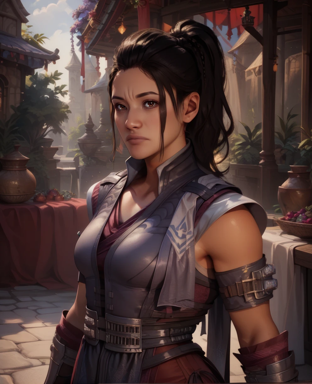 LiMei, black hair, brown eyes, toned, ponytail,
purple dress, cleavage cutout, facing viewer, lips,
(insanely detailed, beautiful detailed face, masterpiece, best quality) solo,
upper body, serious,
morning, fields, mortal kombat,
<lora:LiMei:0.7>